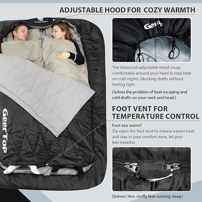 GEERTOP Double Camping Sleeping Bag with Blanket Queen Size Two Person Sleeping Bag for Adults Couples or Family Outdoor Backpacking Travel