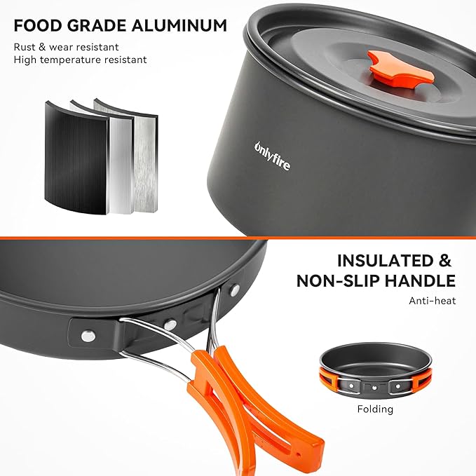 ONLYFIRE OUTDOOR LIVING14pcs Camping Cookware Set Lightweight Nonstick Pots Pan Kettle Utensils Bowls and Cleaning Tool with Mesh Bag for Camping Hiking Backpacking RV Tailgating Cooking CT604
