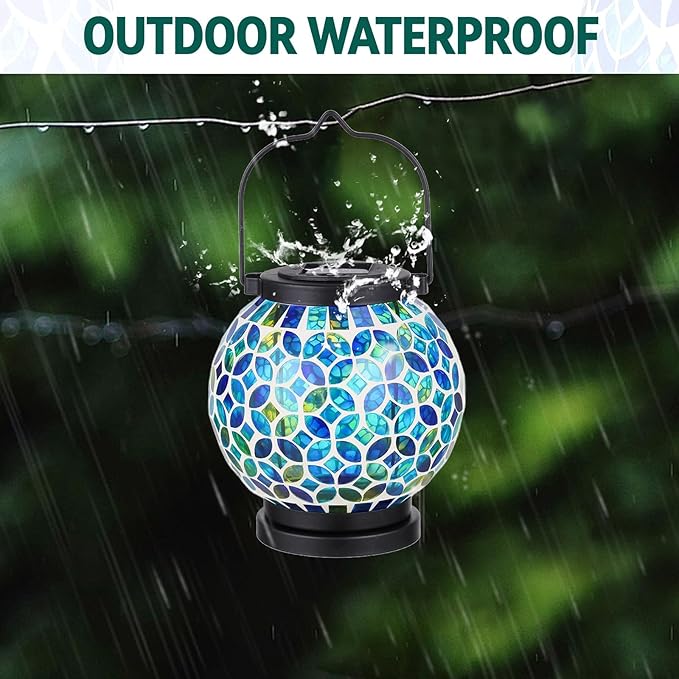 VOREEN Mosaic Solar Lanterns Handmade Outdoor Glass Hanging Light Waterproof Solar Table Lamp Gift for Mom Wife Friend Decor for Garden Patio Yard Balcony Green &amp Yellow Leaves Pattern