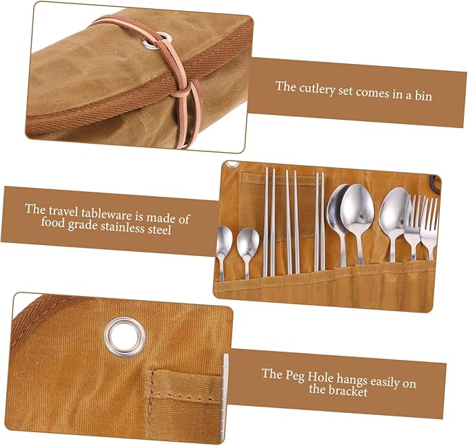 Portable Cutlery Set with Folding Tableware Pouch for Camping Picnics and Outdoor Activities Includes Elegant Dinnerware Bag Dishwasher Safe Utensils Easy Storage