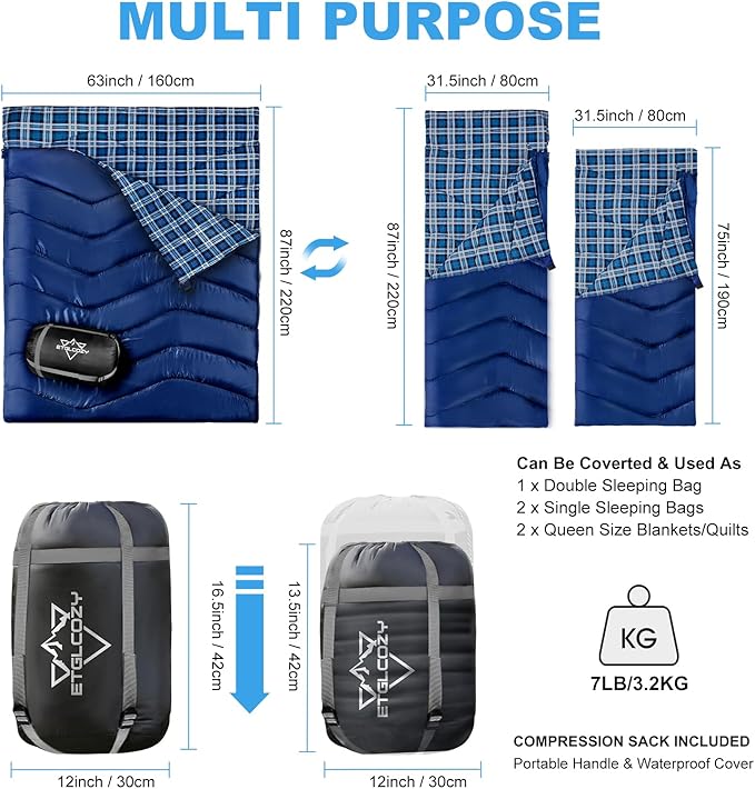 XL Queen Size 2 Person Double Sleeping Bag for Adults Lightweight Compact with Flannel Liner &amp Thermolock Draft Tube Machine Washable All Season Camping Travel