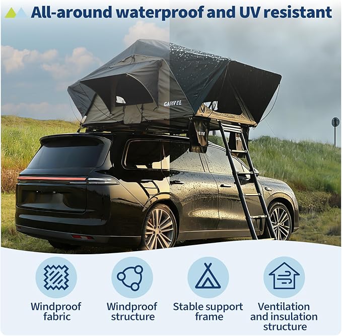Garvee Rooftop Tent Soft Shell Easy Setup Roof Top Tent with Telescopic Ladder &amp LED Light Waterproof UV Resistant 4-Season Design for 2-3 Person Camping on Truck SUV Van Trailer