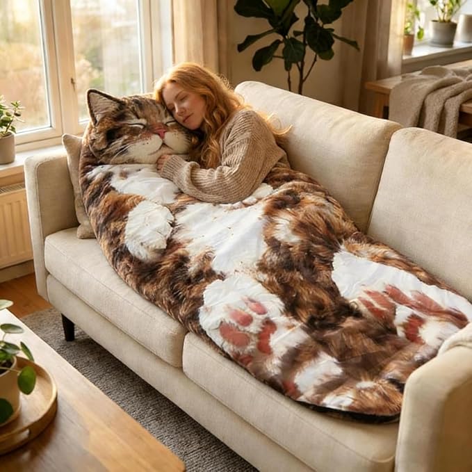 Fluffy Cat Sleeping Bag for Adults Soft 68.9×31.5 Inch Adorable Envelope Sleeping Bag Washable Warm Blanket for Camping and Home Lounging