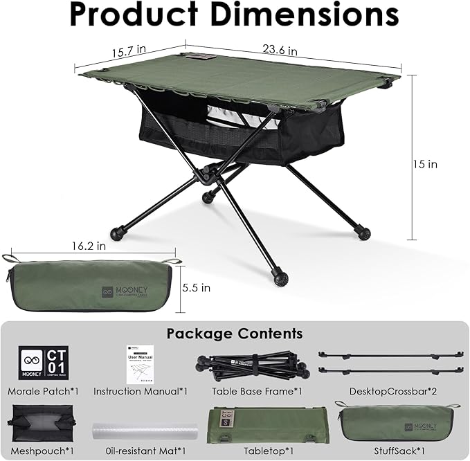 MOONCY Portable Camping Table Ultralight Beach Table with Oil-Proof Mat and Mesh Storage Bag Aluminum Alloy Folding Table for Hiking Tailgating Backpacking Fishing Beach &amp Picnic Green
