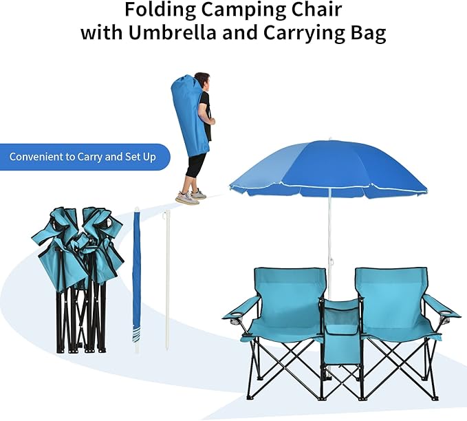 Goplus Double Camping Chair with Umbrella Folding Loveseat Chairs w/Canopy Shade Carrying Bag Table Cup Holder Portable Beach Chairs Outdoor Picnic Patio (Turquoise)