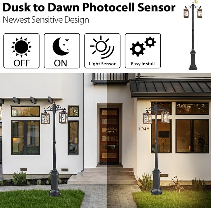 Dusk to Dawn Outdoor Lamp Post Lights with GFCI OutletDouble-Head Farmhouse Street Light FixtureAluminum Black Pole Exterior Lights Waterproof Lantern Outdoor Lighting