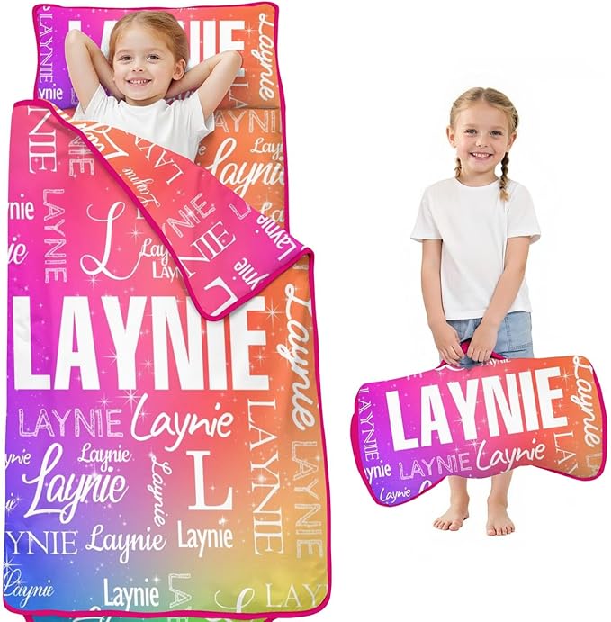 Personalized Name Toddler Nap Mat for Daycare Preschool Kindergarten Customized Kids Sleeping Bag with Pillow and Blanket for Girls Boys Custom Name Monogrammed Nap Mats for Toddlers