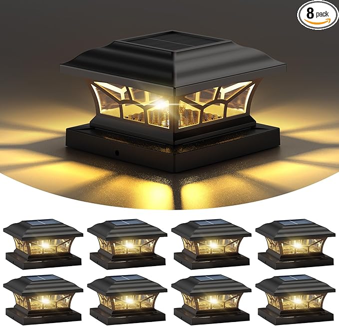 8 Pack Solar Post Cap Lights Outdoor Waterproof Fits 4x4 5x5 6x6 Wooden &amp Vinyl Fence Decks Edison LED Bulb with Warm &amp Cool White Light Modes (Classic Black 8)