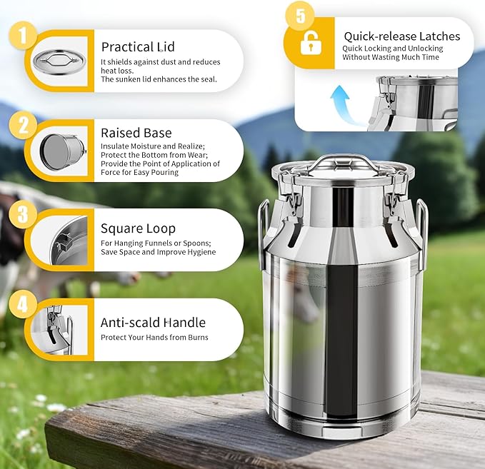 Stainless Steel Milk Can 30L/8Gal Metal Airtight Canister Food Storage Container with Lid &amp Clamps Bean Rice Cereal Storage Bucket for Kitchen Restaurant W12.6*H18.9in