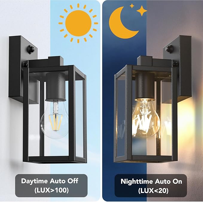 PARTPHONER Dusk to Dawn Outdoor Light Fixtures 2-Pack Sensor Porch Lights Waterproof Exterior Wall Sconce Lighting Lamp Waterproof Wall Lantern for House Doorway Garage (Black)