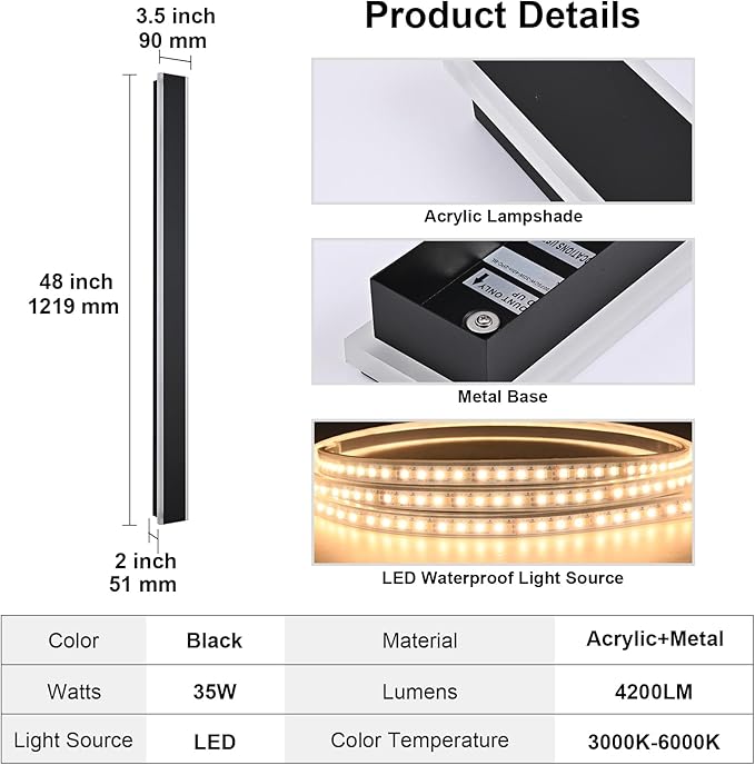 Yaohong 48 inch Outdoor Long Wall Lights for House 2 Pack LED Dimmable Black Exterior Wall Sconce IP65 Waterproof Outdoor Porch Lights Wall Mount for Living Room Patio Corridor Courtyard