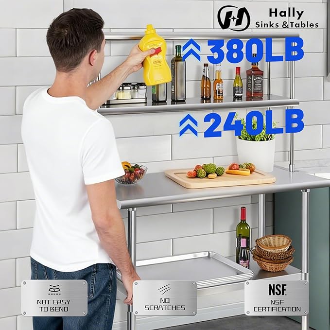 Hally Double Overshelf of Stainless Steel 12'' x 48'' Weight Capacity 380lb Commercial 2 Tier Shelf for Prep &amp Work Table in Restaurant Home and Kitchen