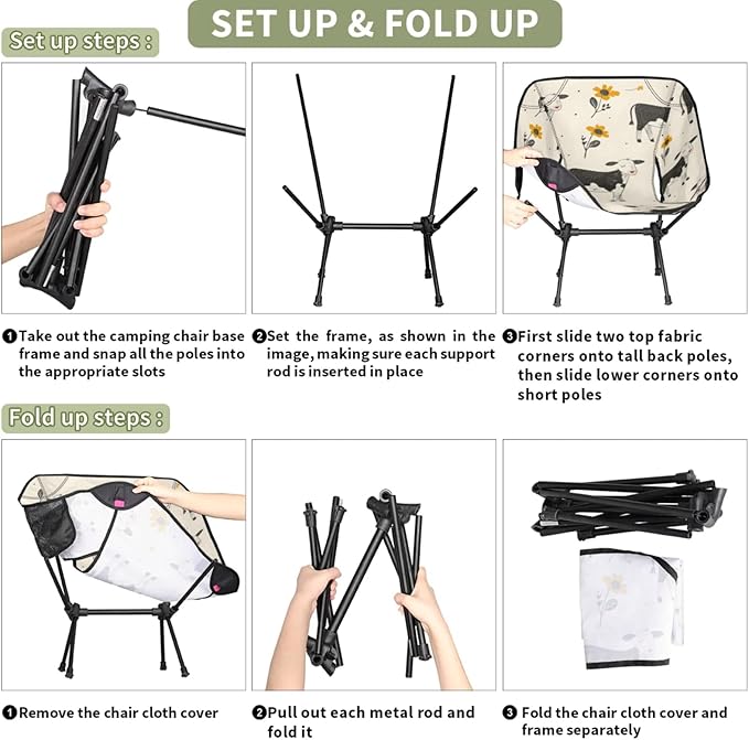 Honeybaby Folding Camping Chair Flowers Cows Camping Chairs Lightweight Portable Chair Outdoor Foldable Chairs for Camping Travel Picnic Beach Hiking
