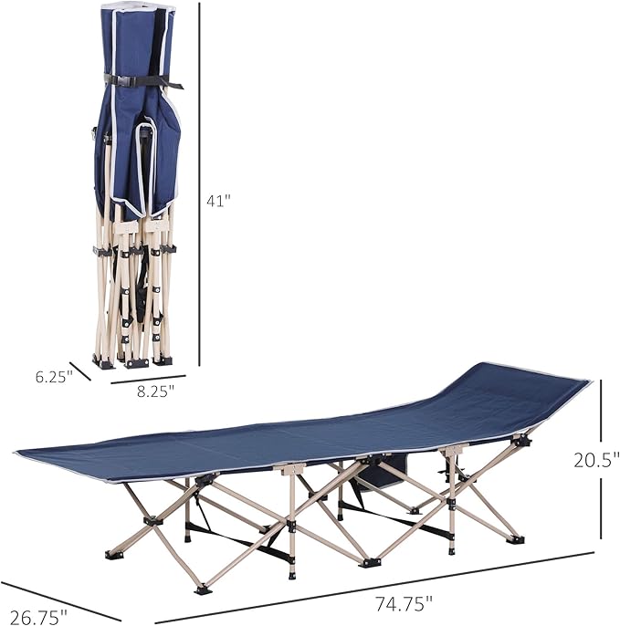 Blue Steel Folding Camping Lounge Chair Carry Bag &amp Side Pocket Outdoor Portable Sleeping Bed for Travel Camp Vacation