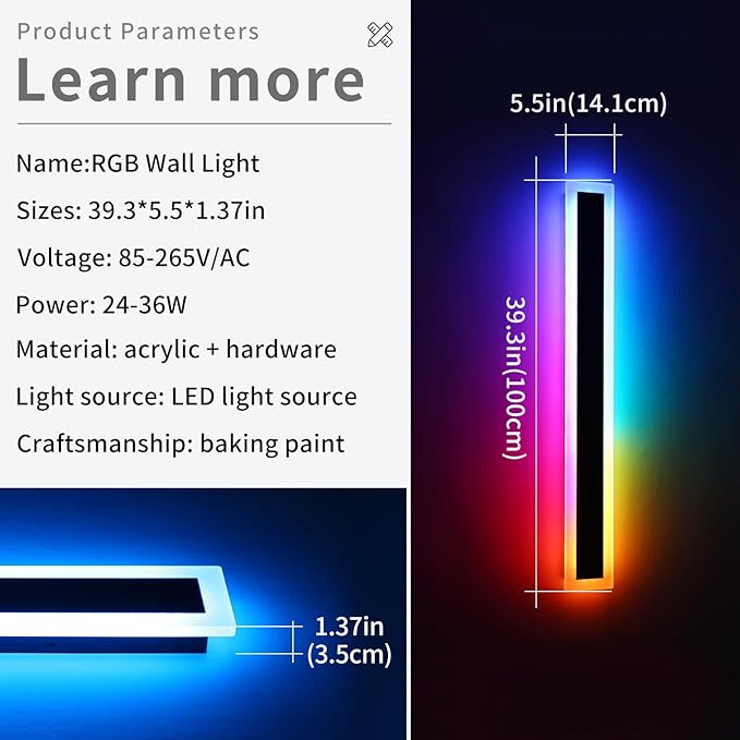 Widened 2 Pack Long RGB LED Wall Lights 39.3inch Modern Dimmable Outdoor Sconces 10 Colors Remote Control IP65 Waterproof Garage Wall Mount Lighting Fixtures for Entryway Yard Patio