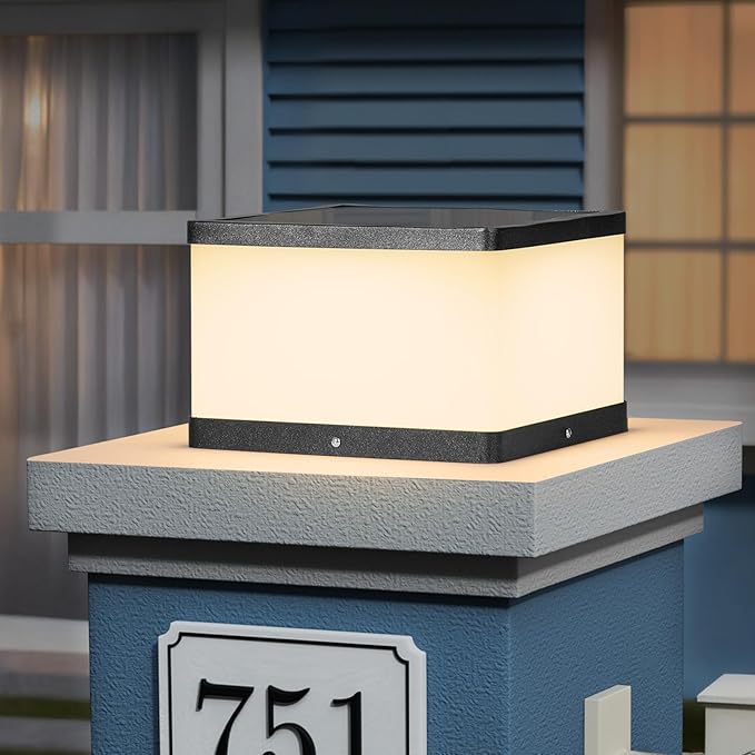 Outdoor Solar Post Lights 9.84 Waterproof Lamp Posts Outdoor Lighting 3000K Dusk to Dawn Column Lights Square LED Solar Pillar Entrance Light with E26 Bulb for Patio Driveway Garden Yard