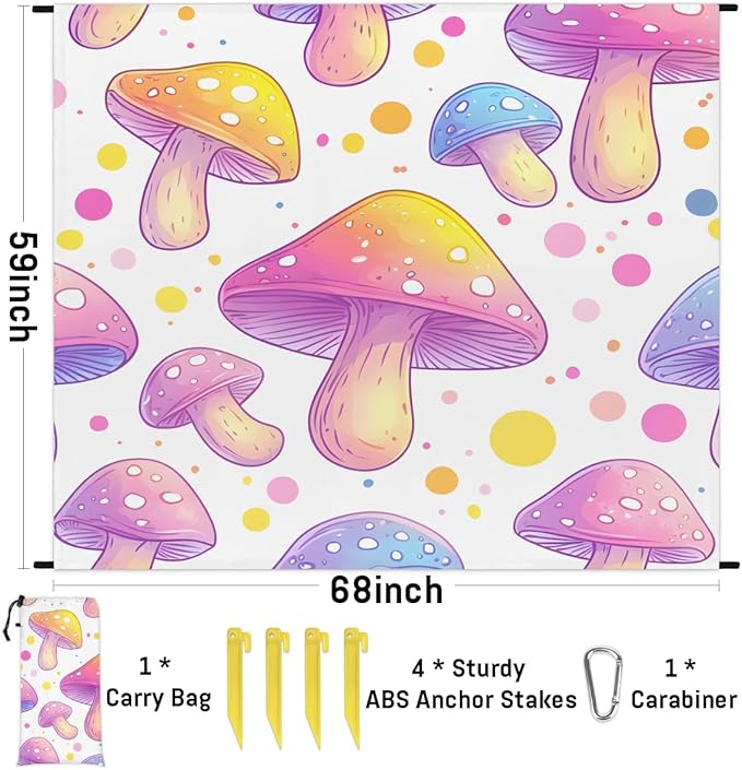 Waterproof Sandproof Beach Blanket 59''×68'' Dream Mushrooms Polyester Outdoor Picnic Blanket with 4 Stakes &amp Storage Bag for BeachCampingVacation White