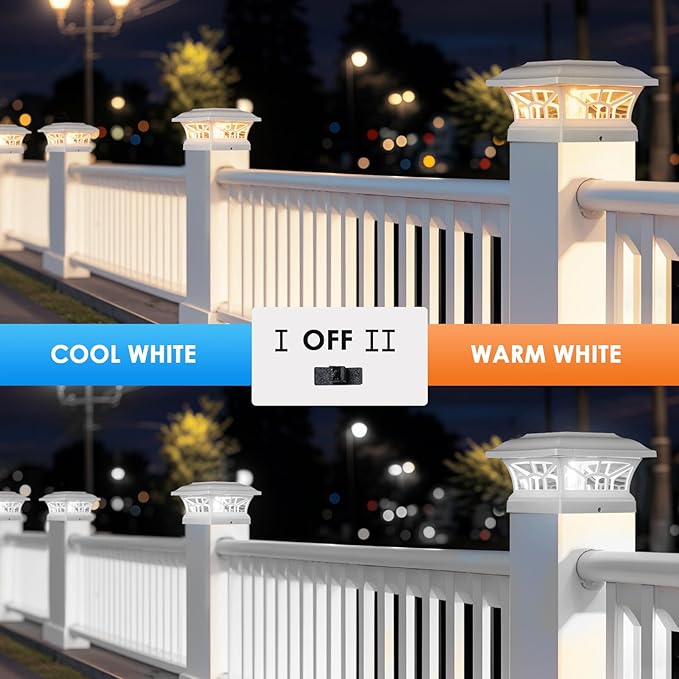 4 Pack Solar Post Cap Lights Outdoor Waterproof Fits 4x4 5x5 6x6 Wooden &amp Vinyl Fence Decks Edison LED Bulb with Warm &amp Cool White Light Modes (Classic White 4)