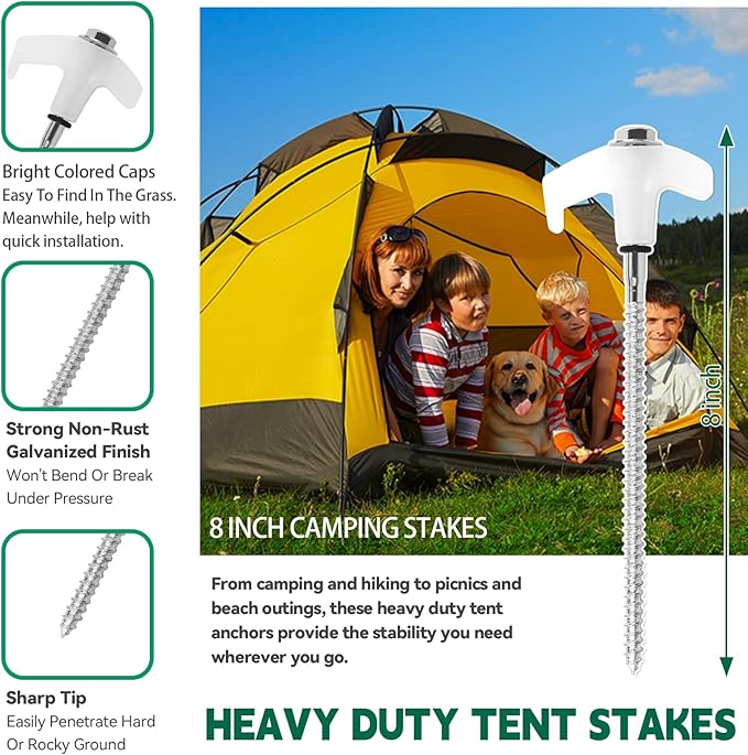 20 Pack 8 Screw in Tent Stakes for Drilling with Hex Heads - Heavy Duty Stainless Steel Tent Pegs/Nails/Spikes Ground Anchors Grow in Dark - for Camping Grassland Portable Box (White)