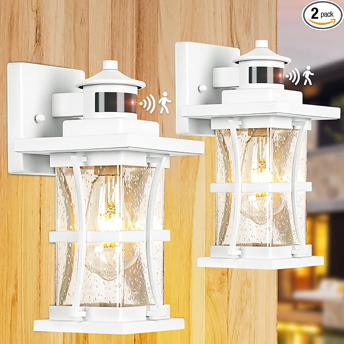 2 Packs White Motion Sensor Outdoor Lights - Advanced Dusk to Dawn Outdoor Lighting Waterproof Exterior Light Wall Mount Fixtures Anti-Rust Porch Outside Lights Wall Sconce for House Garage Square