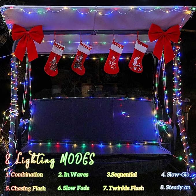 YEGUO Solar Christmas Light Outdoor Waterproof 66ft 200 LED Multicolor Rope Lights 8 Modes Tube String Lights in Clear Thin Tube