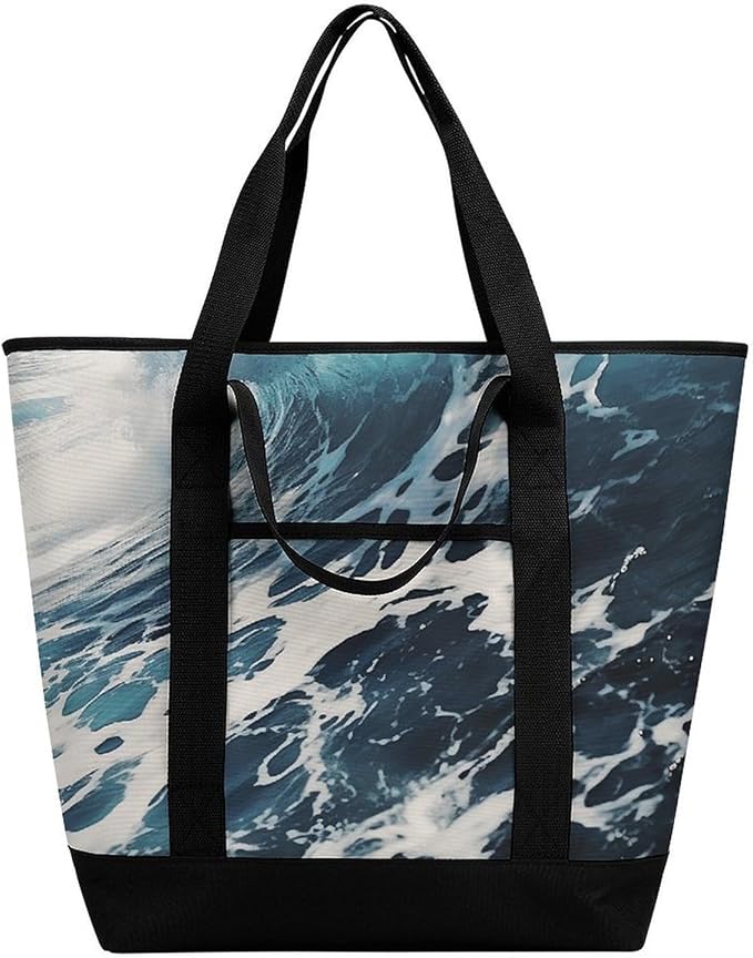 Insulated Shopping BagLarge Reusable Cooler Bags Beach Foam Wave Printed Foldable Shopping BagTravel Waterproof Shoulder Bag