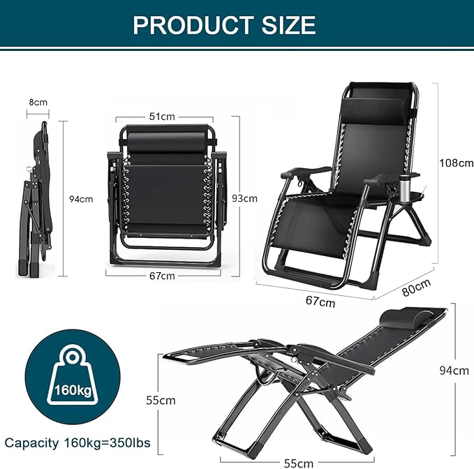 Gravity Lounger Chair Recliner Garden Chairs Reclining Camping Chairs | Folding Recliner Armchair Lawn Chair Portable Deck Chair for Adults