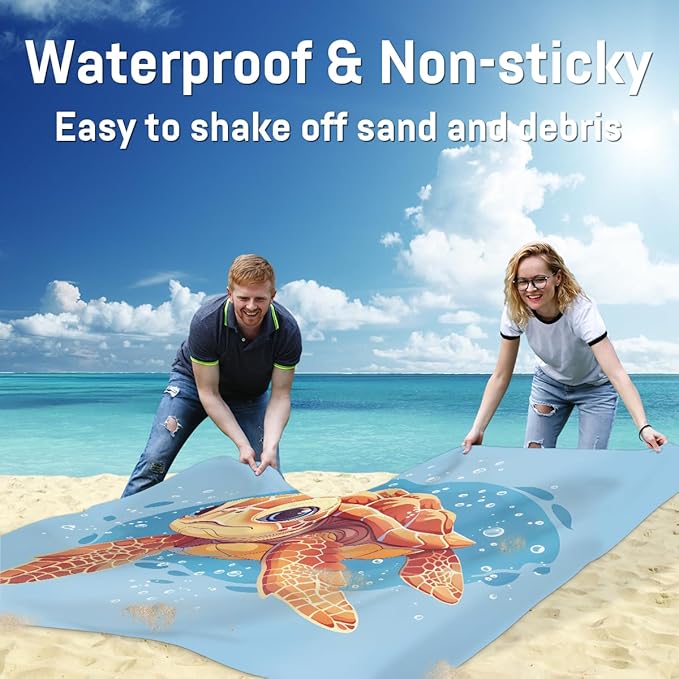 Waterproof Sandproof Beach Blanket 59''×68'' Turtle Polyester Outdoor Picnic Blanket with 4 Stakes &amp Storage Bag for BeachCampingVacation Orange