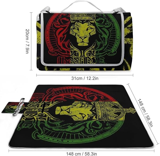 Jamaican Flag Rasta Lion Waterproof Outdoor Picnic Blanket Sandproof Beach Mat for Camping Hiking Grass Travelling