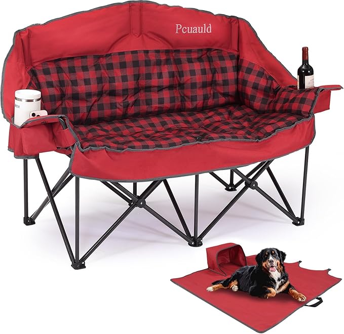 Double Camping Chair Padded Loveseat Camp Couch for Adults Oversized 2 Person Love Seat with 2 in 1 Carry Bag Heavy Duty Folding Outdoor Sofa with Cup Holders for Lawn Beach Tailgating Red