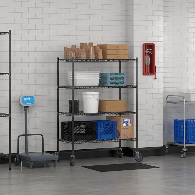 Commercial NSF Listed Black Epoxy Mobile Wire Shelving Kit 21 x 42 x 60 with 4 Shelves Perfect for Warehouse Walk-in Refrigerator Freezer Grocery Store Restaurant Dishroom
