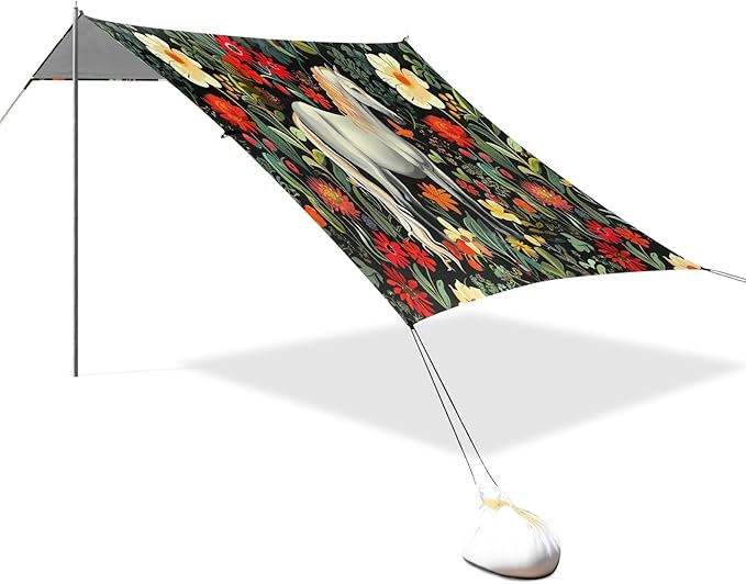 Horses in Flower Beach Tent Sun Shelter 9.2' x 10.5' Beach Canopy with 4 Sandbags 4 Stability Poles Sand Shovels - Tent Canopy for Beach Camping Fishing Picnics