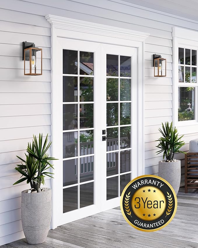 VIANIS 2 Packs Garage Light Outdoor Dusk to Dawn Outside Wall Lights Fixture for House Wood Grain Coach Lantern with Toughened Glass Farmhouse Sconce Wall Mount for Entryway Hallway Garage