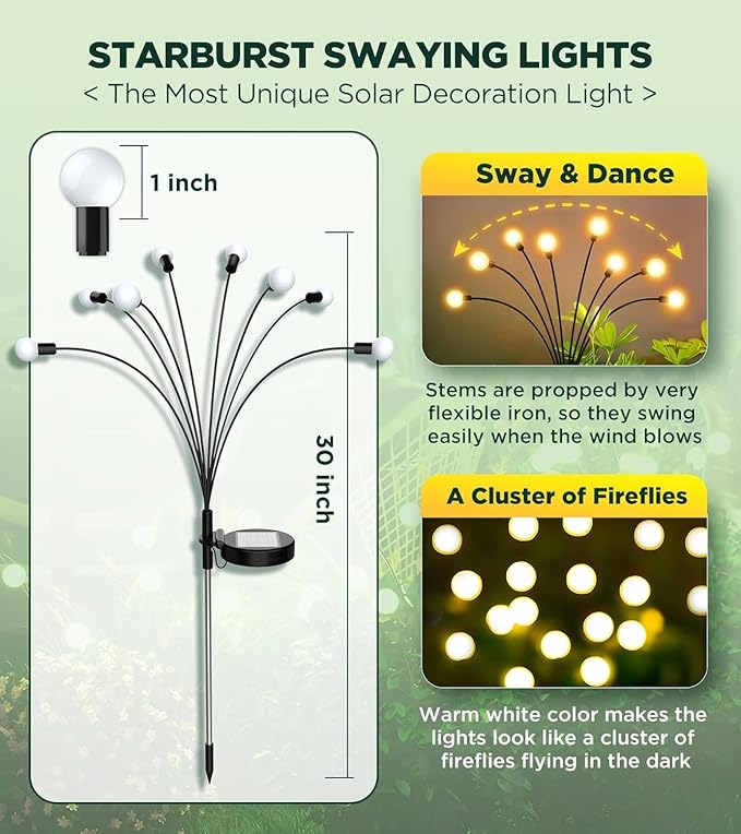 Vibrant Solar Garden Lights Ultra Bright Solar Powered Firefly Lights Outdoor Waterproof High Flexibility Starburst Swaying Light 8 LED Landscape Lighting Decorative for Pathway Patio Yard