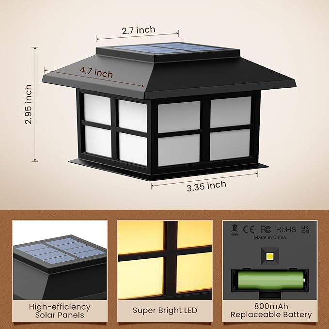 6 Pack Solar Post Cap Lights Outdoor Waterproof Fence Post Solar Lights Fit for 4x4 5x5 6x6 Wooden/Vinyl/Plastic Posts Warm White LED Lighting Decor for Garden Deck Patio