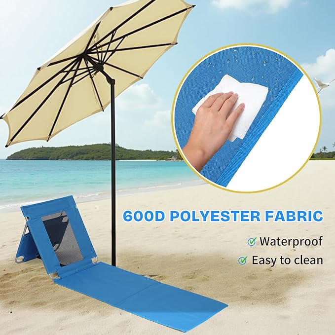 Portable Foldable Beach Lounger Lightweight Beach Mat Lounge Chair with Breathable Mesh Tote Cooler Pocket for Tanning Relaxing Compact &amp Ultimate Gear (Blue)