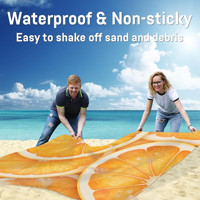 Waterproof Sandproof Beach Blanket 59''×68'' Fruit Polyester Outdoor Picnic Blanket with 4 Stakes &amp Storage Bag for BeachCampingVacation Lemon