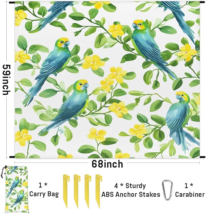 Waterproof Sandproof Beach Blanket 59''×68'' Watercolor Parrot Polyester Outdoor Picnic Blanket with 4 Stakes &amp Storage Bag for BeachCampingVacation White