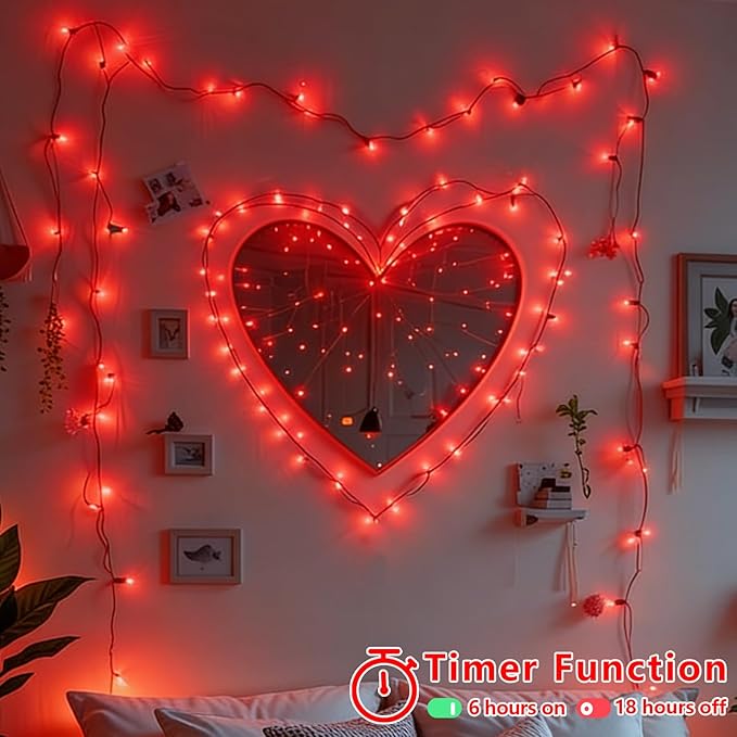 YEGUO Valentine’s Day String Lights Battery Operated 2 Pack Each 33ft 100 LED Red Christmas Lights Outdoor Waterproof Green Wire Fairy Light Indoor with Remote