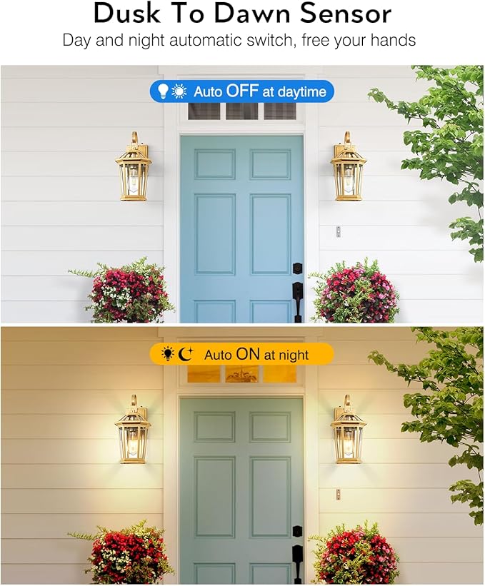 VIANIS Outdoor Porch Lights Wall Mount Dusk to Dawn Exterior Light Fixture for House 100% Anti-Rust Aluminum Waterproof Porch Light Outside Wall Lights Gold Wall Sconce Lanterns for Garage