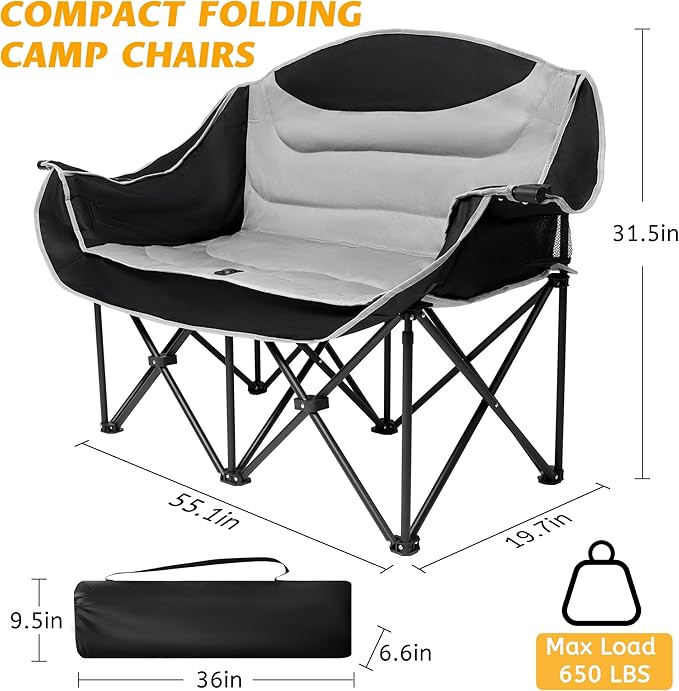 UBALANCE Double Camping Chair for Adults - Heavy Duty 650LBS Portable Camping Chairs Oversized Camping Loveseat Folding Camping Chair for Garden Lawn Sport Picnic Beach Fishing (Gray)