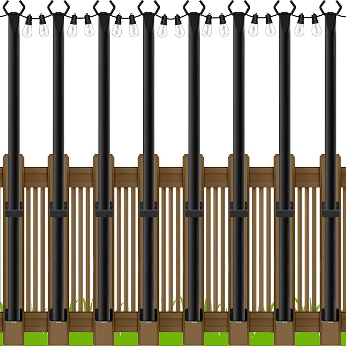 AILBTON 4.8Ft String Light Poles 8 PackLight Poles for Outside LightsOutdoor with Fence Brackets Hanging LightsMetal Stand Deck Patio Backyard