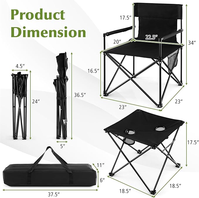 Tangkula 3 Piece Camping Chairs with Table Portable Folding Lawn Chair with Side Table Carrying Bag Side Storage Pocket 2 Cup Holders Outdoor Beach Chair Set for Backpacking Travel Camp