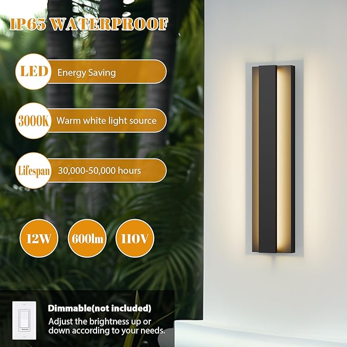 LamQee 18.5 Inch Modern Outdoor Wall Lights Exterior Lighting Fixtures 3000K 12W LED Contemporary Outdoor Wall Sconce Matte Black Outside Wall Mount Lights for House Garage Porch Patio Front Door
