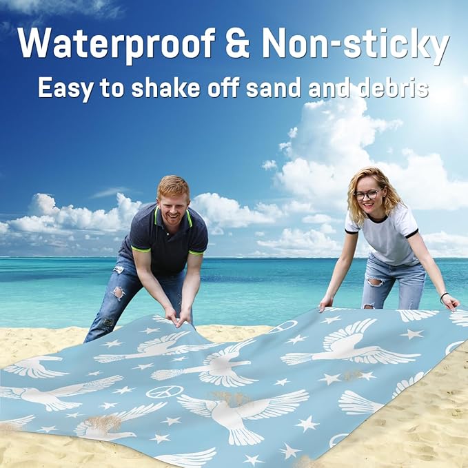 Waterproof Sandproof Beach Blanket 59''×68'' Peace Dove Polyester Outdoor Picnic Blanket with 4 Stakes &amp Storage Bag for BeachCampingVacation Lake Blue