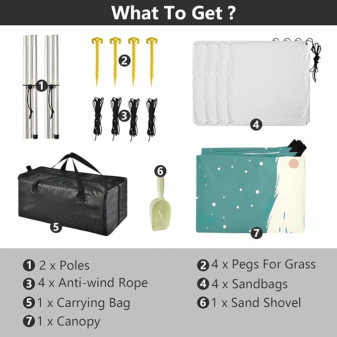 Cute White Bear Beach Tent Sun Shelter 9.2' x 10.5' Beach Canopy with 4 Sandbags 4 Stability Poles Sand Shovels - Tent Canopy for Beach Camping Fishing Picnics