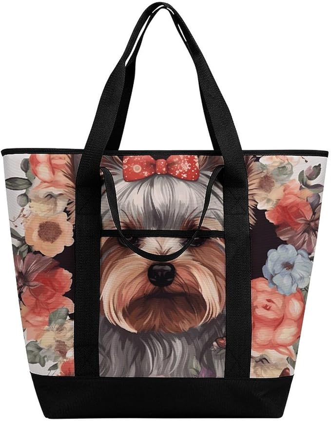 Insulated Shopping BagLarge Reusable Cooler Bags Yorkie Floral Printed Foldable Shopping BagTravel Waterproof Shoulder Bag