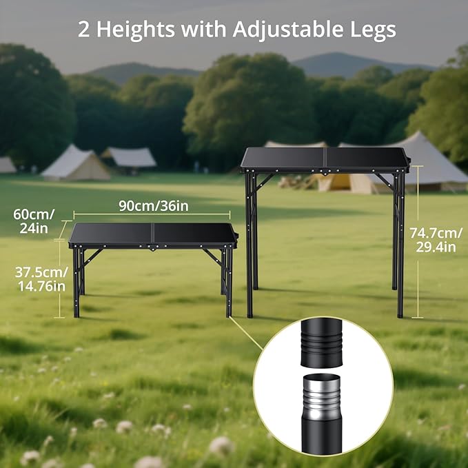 Anbte 3ft Camping Table Foldable with Storage Net 3 Heights Max 29.5 Aluminum Camping Table with Portable Handle Lightweight for Travel Outdoor Beach Picnic Patio Indoor 36 x 24 Pure Black