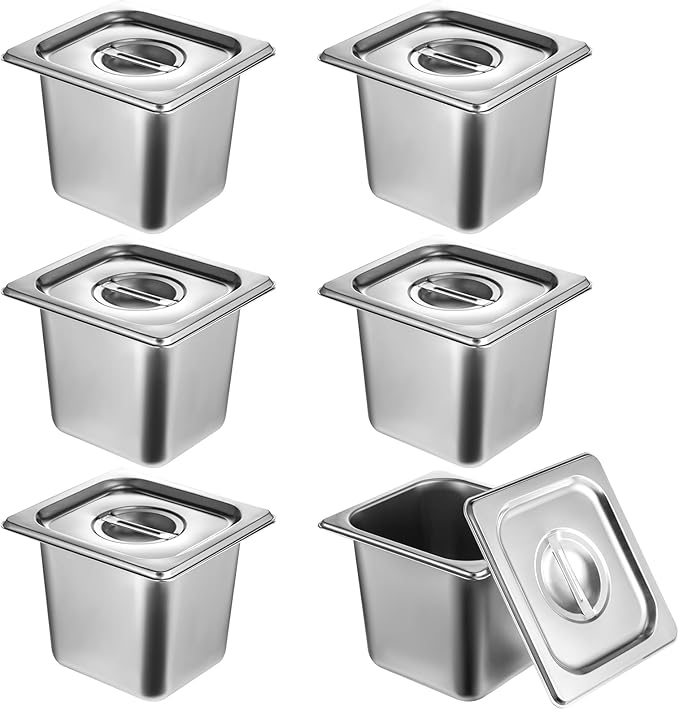 6 Pack Stainless Steel Hotel Pans with Lid 1/6 Size x 6 Deep Steam Table PAN 0.8 mm Thick Commercial Food Storage Containers Anti Jam Pan Stainless Steel Steamer Pan for Hotel Restaurant Buffet