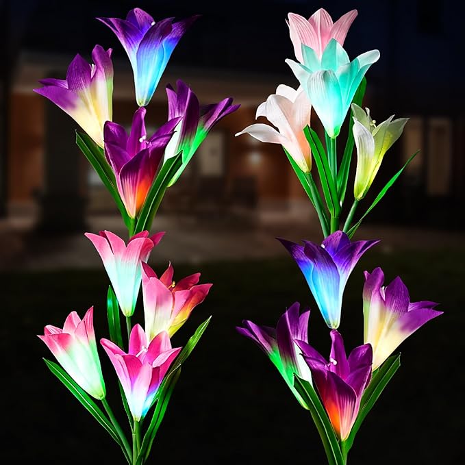 4 Pack Solar Garden Lights Outdoor 7 Color Changing LED Powered Waterproof Lily Flowers Landscape Lights for Outside Yard Patio Pathway Decorative Décor Gifts